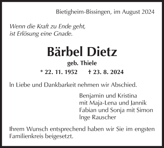 Traueranzeige von Bärbel Dietz von Bietigheimer Zeitung