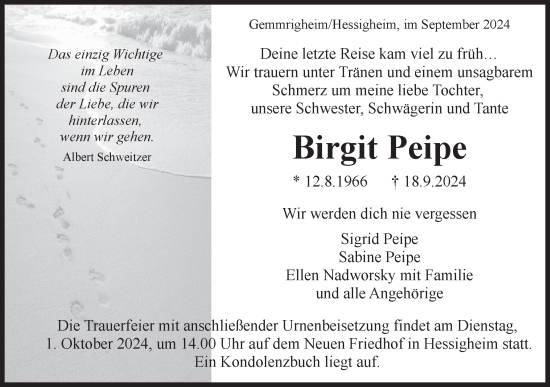 Traueranzeige von Birgit Peipe von Bietigheimer Zeitung