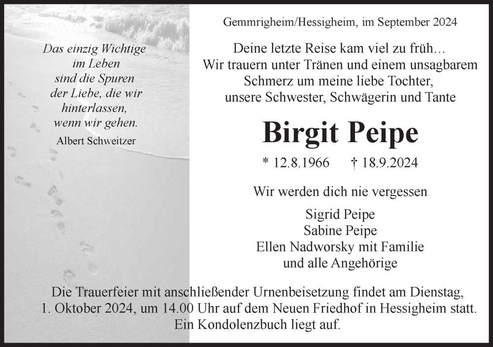  Traueranzeige für Birgit Peipe vom 25.09.2024 aus Bietigheimer Zeitung