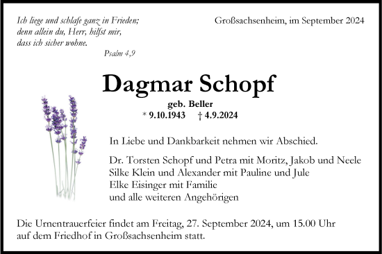 Traueranzeige von Dagmar Schopf von Bietigheimer Zeitung