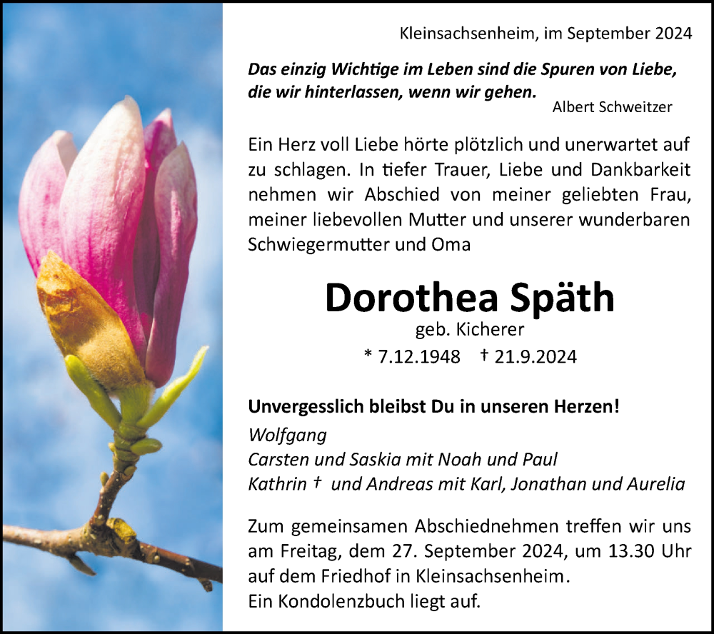  Traueranzeige für Dorothea Späth vom 24.09.2024 aus Bietigheimer Zeitung