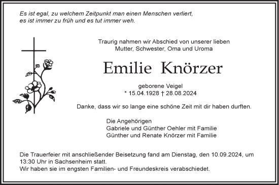 Traueranzeige von Emilie Knörzer von Bietigheimer Zeitung