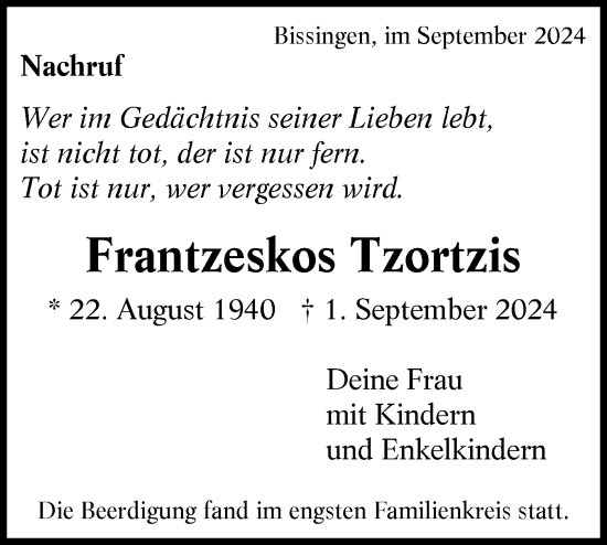 Traueranzeige von Frantzeskos Tzortzis von Bietigheimer Zeitung