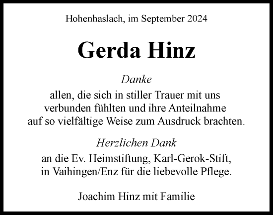 Traueranzeige von Gerda Hinz von Bietigheimer Zeitung