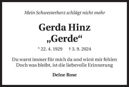 Traueranzeige von Gerda Hinz von Bietigheimer Zeitung