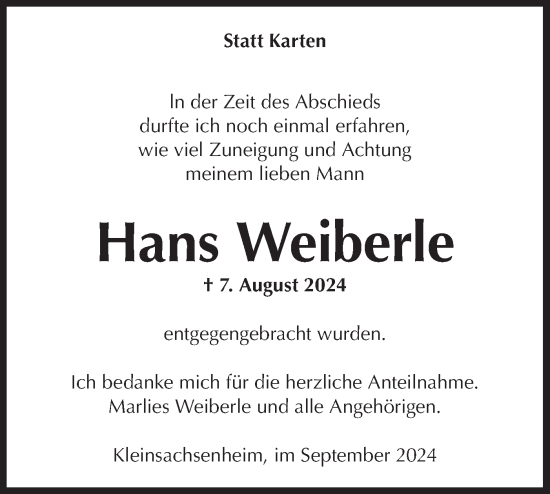 Traueranzeige von Hans Weiberle von Bietigheimer Zeitung