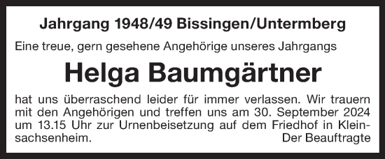 Traueranzeige von Helga Baumgärtner von Bietigheimer Zeitung