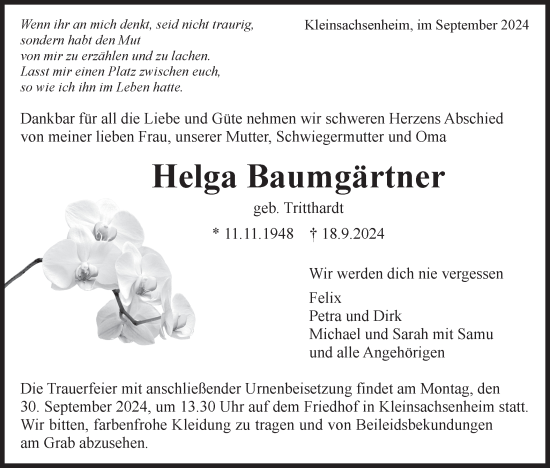 Traueranzeige von Helga Baumgärtner von Bietigheimer Zeitung