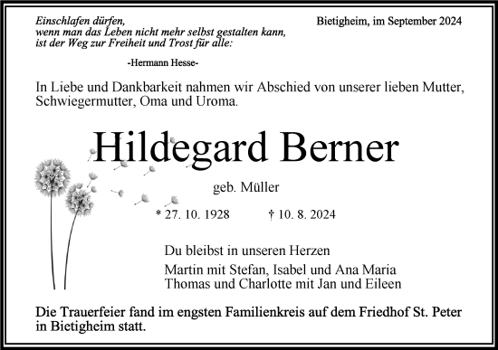 Traueranzeige von Hildegard Berner von Bietigheimer Zeitung