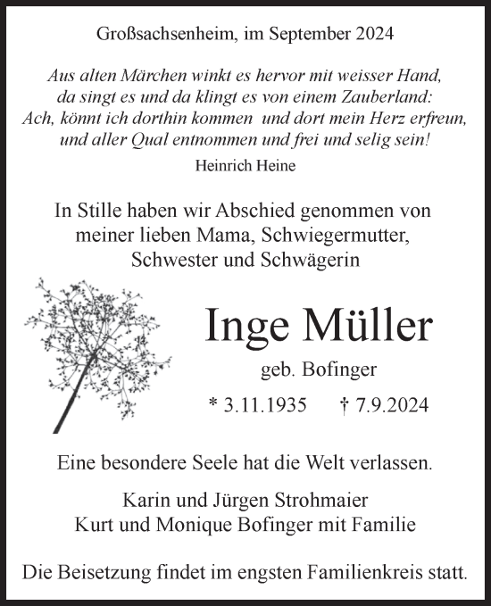 Traueranzeige von Inge Müller von Bietigheimer Zeitung