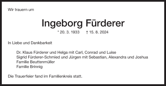 Traueranzeige von Ingeborg Fürderer von Bietigheimer Zeitung