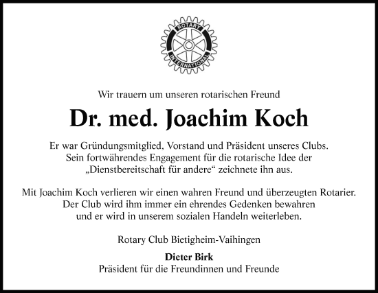 Traueranzeige von Joachim Koch von Bietigheimer Zeitung