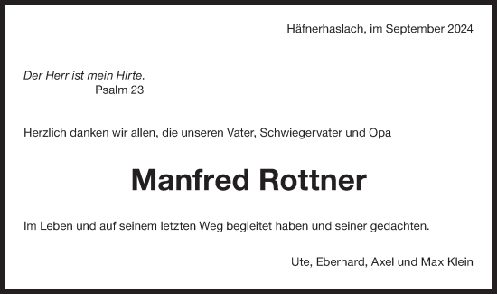 Traueranzeige von Manfred Rottner von Bietigheimer Zeitung