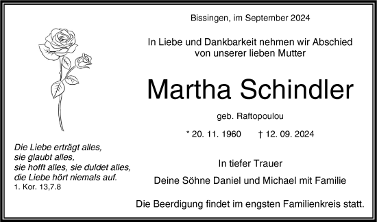 Traueranzeige von Martha Schindler von Bietigheimer Zeitung