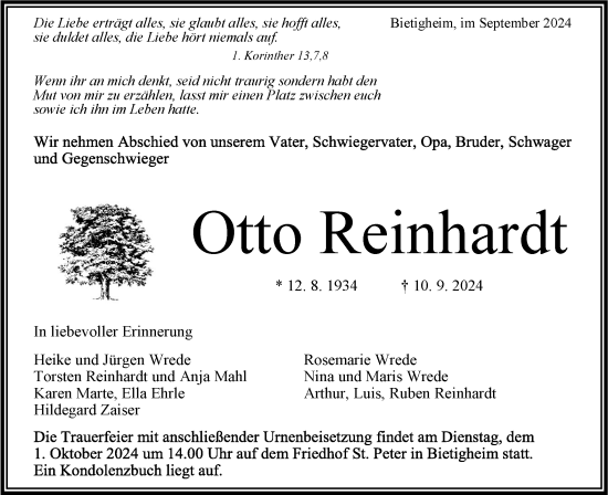 Traueranzeige von Otto Reinhardt von Bietigheimer Zeitung