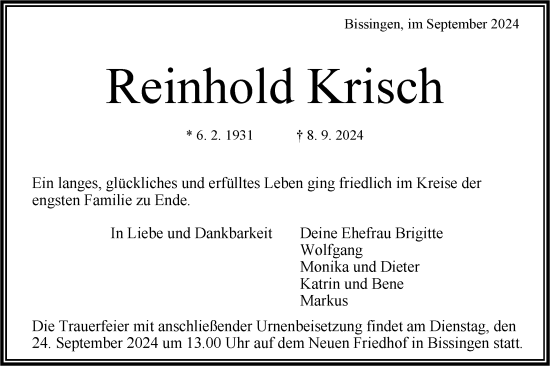 Traueranzeige von Reinhold Kirsch von Bietigheimer Zeitung