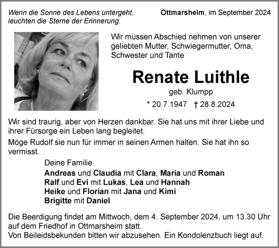 Traueranzeige von Renate Luithle von Bietigheimer Zeitung