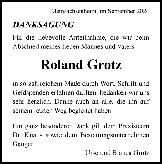 Traueranzeige von Roland Grotz von Bietigheimer Zeitung