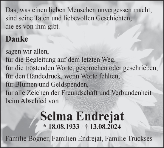 Traueranzeige von Selma Endrejat von Bietigheimer Zeitung