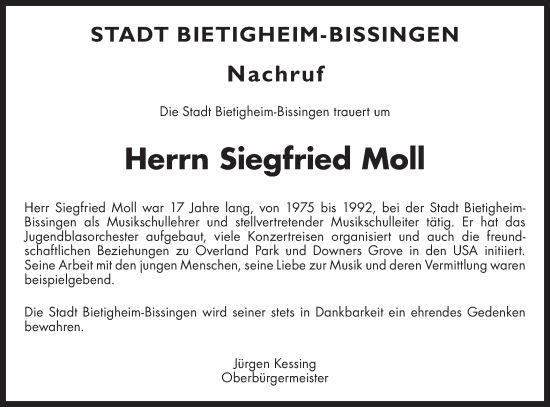 Traueranzeige von Siegfried Moll von Bietigheimer Zeitung