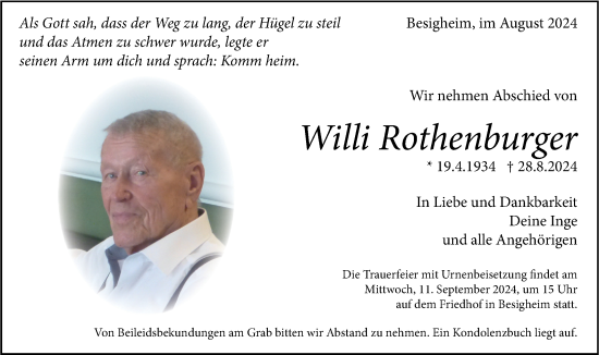 Traueranzeige von Willi Rothenburger von Bietigheimer Zeitung