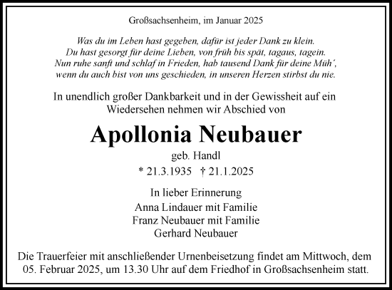 Traueranzeige von Apollonia Neubauer von Bietigheimer Zeitung