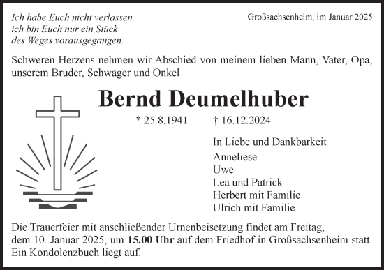 Traueranzeige von Bernd Deumelhuber von Bietigheimer Zeitung