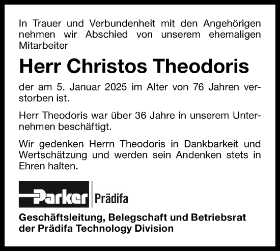 Traueranzeige von Christos Theodoris von Bietigheimer Zeitung