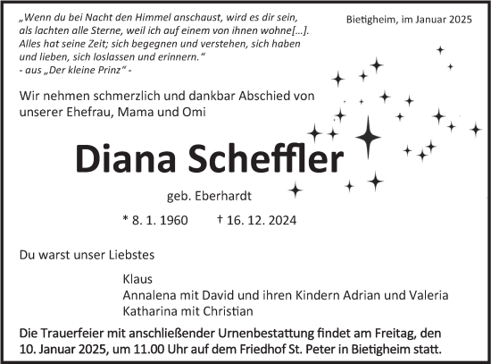 Traueranzeige von Diana Scheffler von Bietigheimer Zeitung