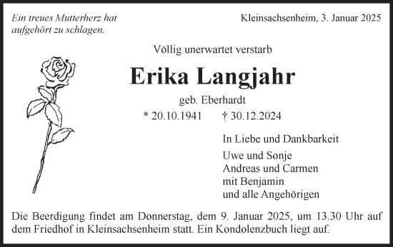 Traueranzeige von Erika Langjahr von Bietigheimer Zeitung