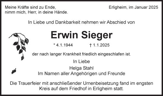 Traueranzeige von Erwin Sieger von Bietigheimer Zeitung