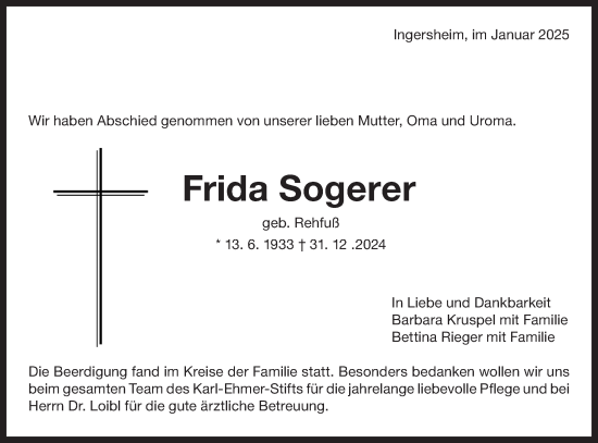 Traueranzeige von Frida Sogerer von Bietigheimer Zeitung