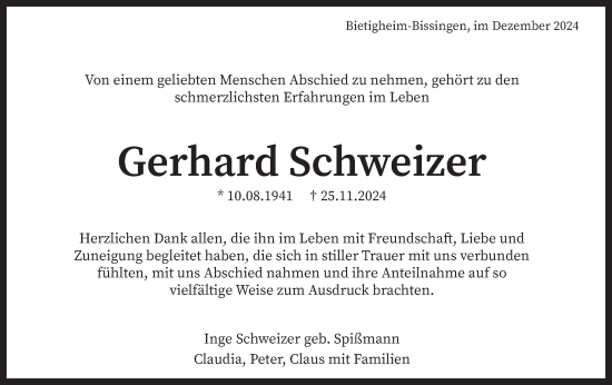 Traueranzeige von Gerhard Schweizer von Bietigheimer Zeitung