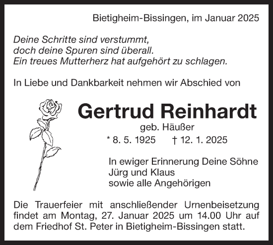 Traueranzeige von Gertrud Reinhardt von Bietigheimer Zeitung