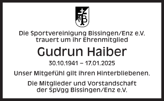 Traueranzeige von Gudrun Haiber von Bietigheimer Zeitung