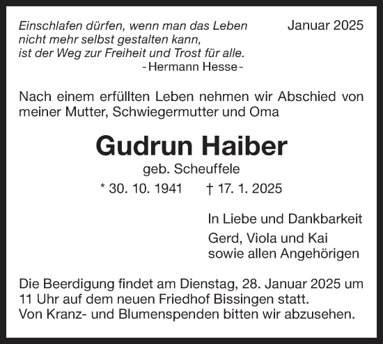 Traueranzeige von Gudrun Haiber von Bietigheimer Zeitung