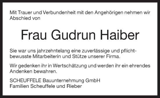 Traueranzeige von Gudrun Haiber von Bietigheimer Zeitung