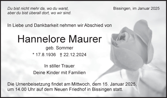 Traueranzeige von Hannelore Maurer von Bietigheimer Zeitung