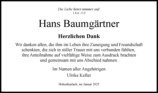 Traueranzeige von Hans Baumgärtner von Bietigheimer Zeitung