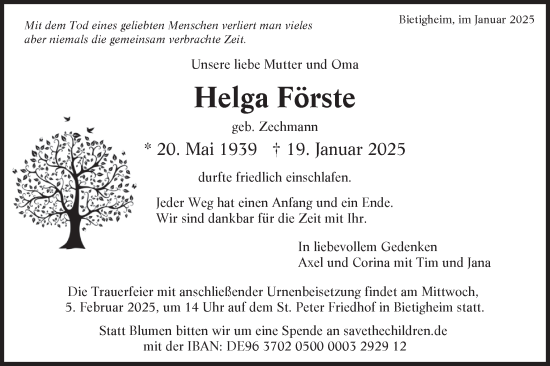 Traueranzeige von Helga Förste von Bietigheimer Zeitung