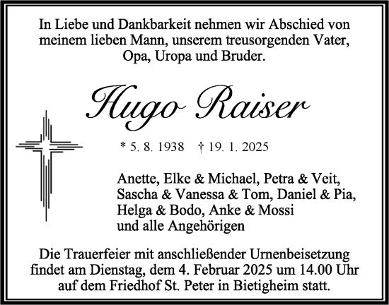 Traueranzeige von Hugo Raiser von Bietigheimer Zeitung