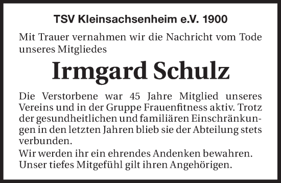 Traueranzeige von Irmgard Schulz von Bietigheimer Zeitung