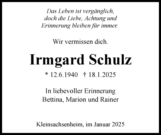 Traueranzeige von Irmgard Schulz von Bietigheimer Zeitung