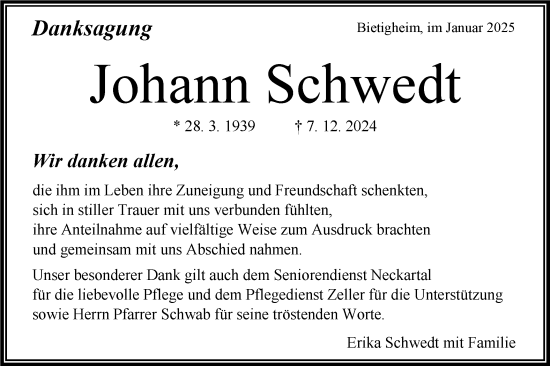 Traueranzeige von Johann Schwedt von Bietigheimer Zeitung