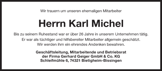 Traueranzeige von Karl Michel von Bietigheimer Zeitung