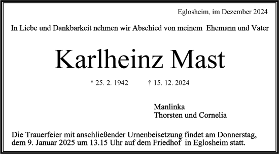 Traueranzeige von Karlheinz Mast von Bietigheimer Zeitung