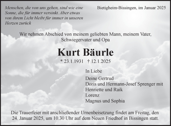 Traueranzeige von Kurt Bäurle von Bietigheimer Zeitung