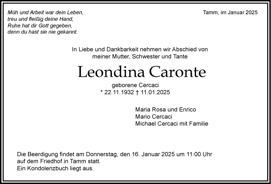 Traueranzeige von Leondina Caronte von Bietigheimer Zeitung