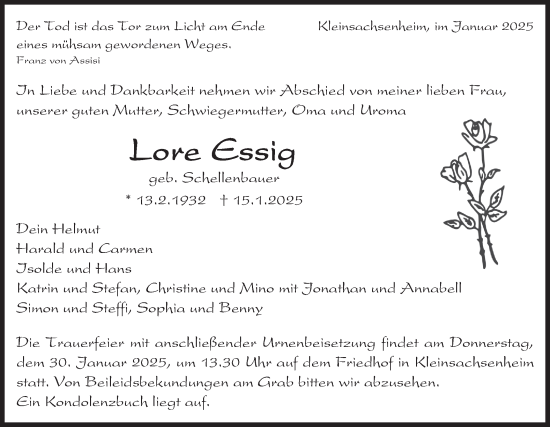 Traueranzeige von Lore Essig von Bietigheimer Zeitung