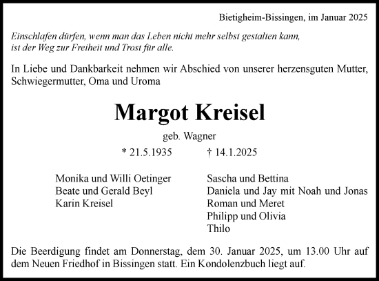 Traueranzeige von Margot Kreisel von Bietigheimer Zeitung